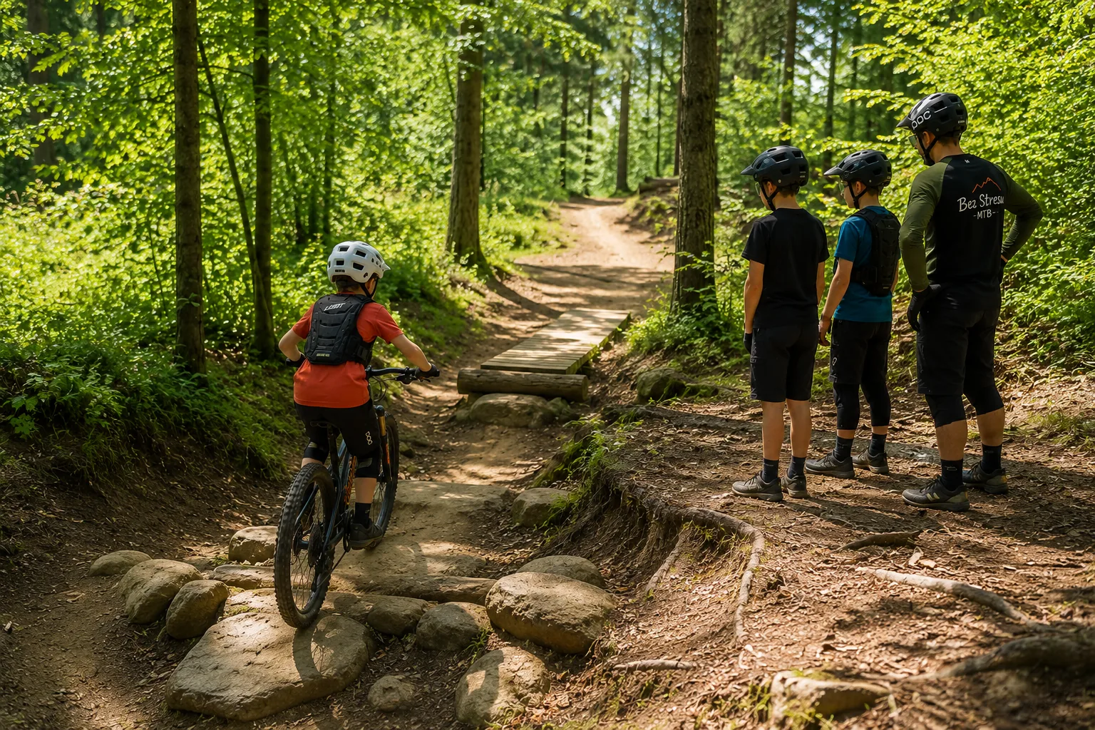 Dzieci na szkoleniu MTB z trenerem na leśnej trasie w Beskidach