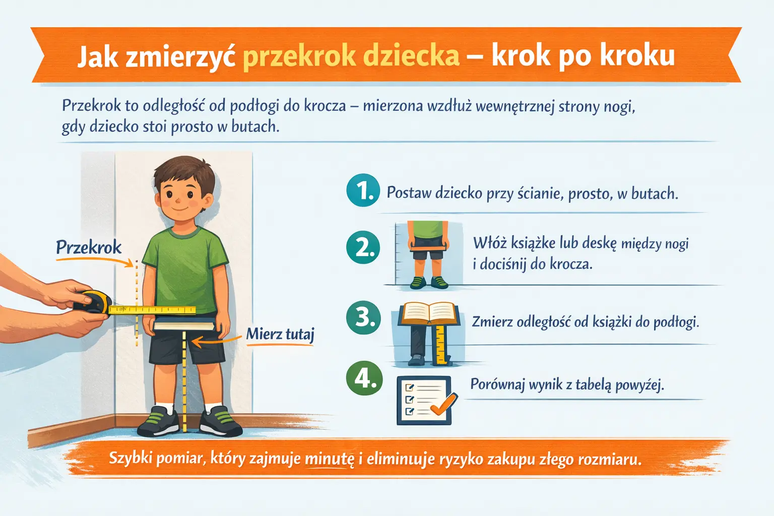 Infografika: jak zmierzyć przekrok dziecka przed zakupem roweru MTB